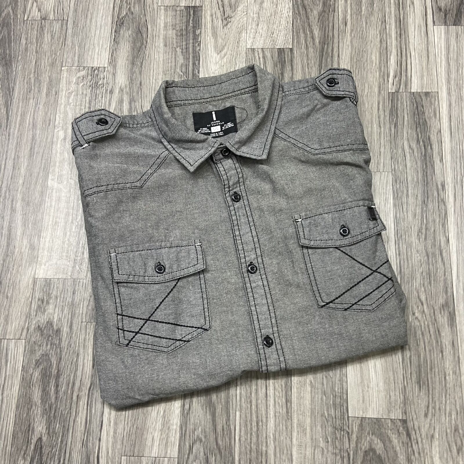 BUFFALO Button Down Collared Short Sleeve Gray Ca… - image 1