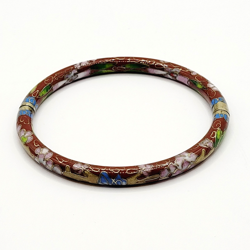 Cloisonné Asian Inspired Red Brown Floral Hand Painted Hinged Bangle Bracelet - Picture 9 of 24