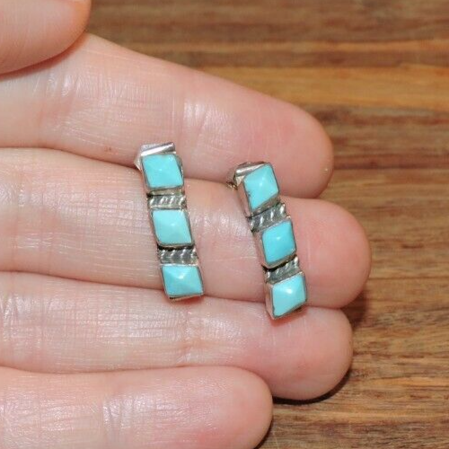 Vintage Sterling Silver 925 Turquoise Inlay Southwestern Drop Post Earrings - Picture 4 of 7