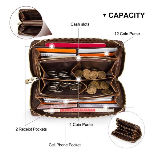 Contacts Men Leather Zip Around RFID Long Wallet Clutch Bag Phone 12 Card Holder - Picture 4 of 14