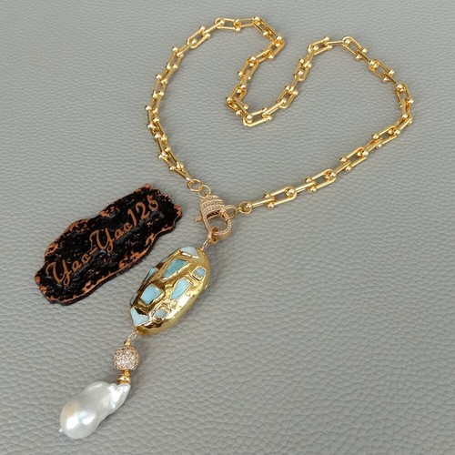 Gold Plated Chain Blue Larimar Freshwater White Keshi Pearl Pendant Necklace - Picture 5 of 8