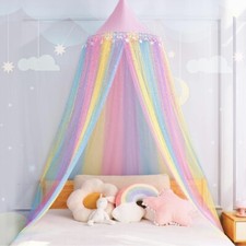 Girls Rainbow Round Dome Star Moon Glitter Sequin Mesh Bed Canopy New