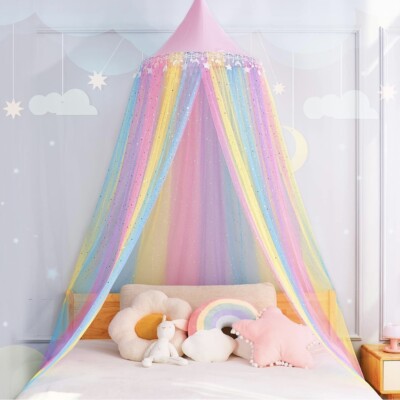 Girls Rainbow Round Dome Star Moon Glitter Sequin Mesh Bed Canopy