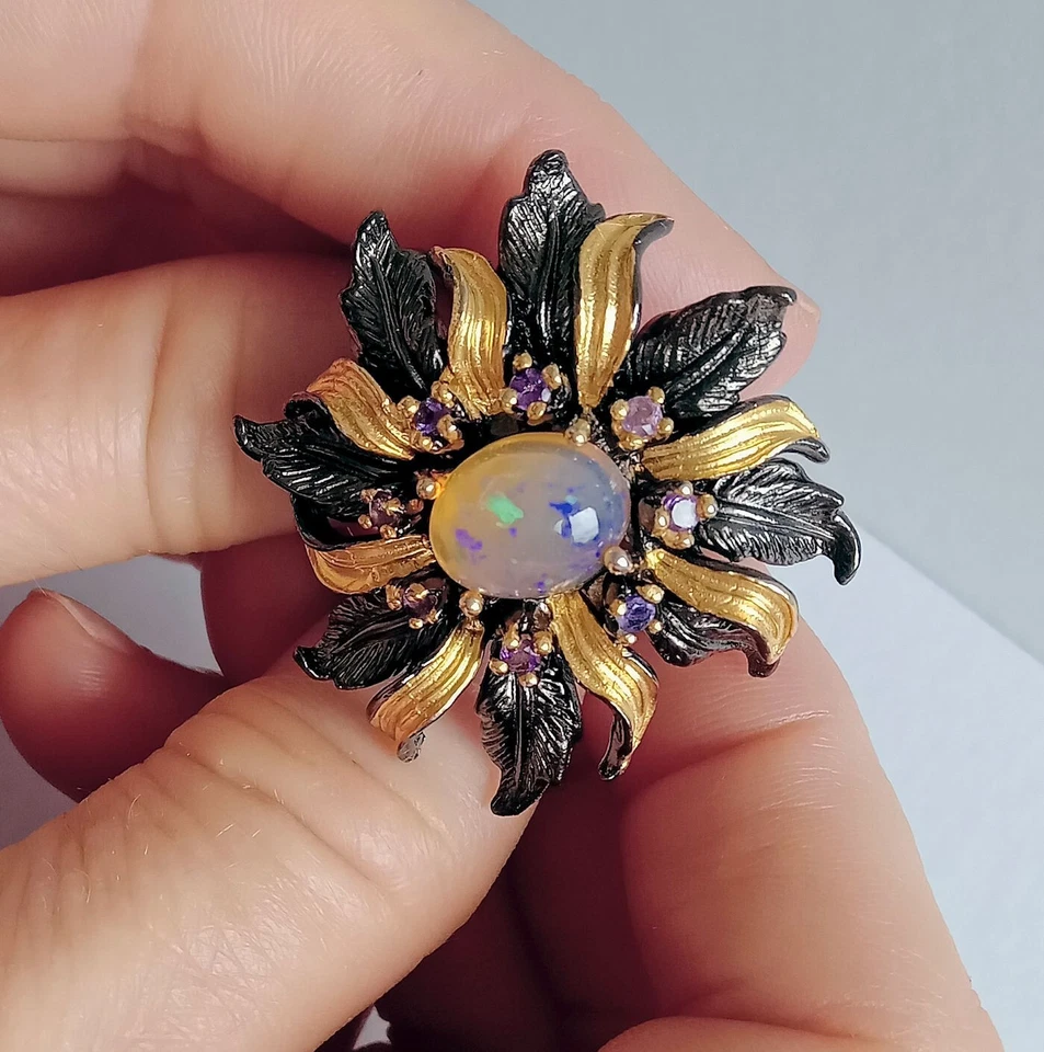 ANELLO ARGENTO ST. 925 BRUNITO E DORATO CON OPALE DI WELO E AMETISTE NATURALI - Immagine 2 di 4