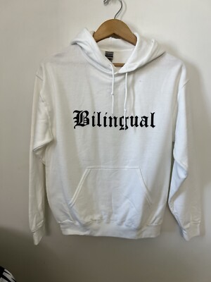 Gildan Heavy Blend Men's Size M White Fleece Pocketed Pullover Hoodie BILINGUAL