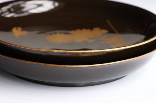 Japanese Lacquer Set of 2 Wooden Plate 8.27inch Gold Bird Tea Ceremony Meiji Era - Picture 14 of 18