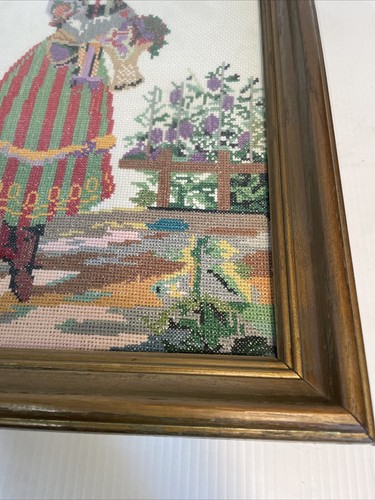 Cesto fiori donna punto croce completo vintage incorniciato 18,5"x14,5" - Foto 7 di 16