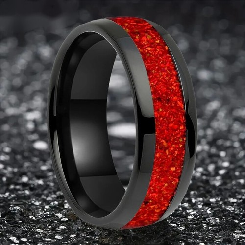 8MM Dome Polish Red Opal Stone Inlay Tungsten Carbide Ring Band Comfort fit - Picture 9 of 9