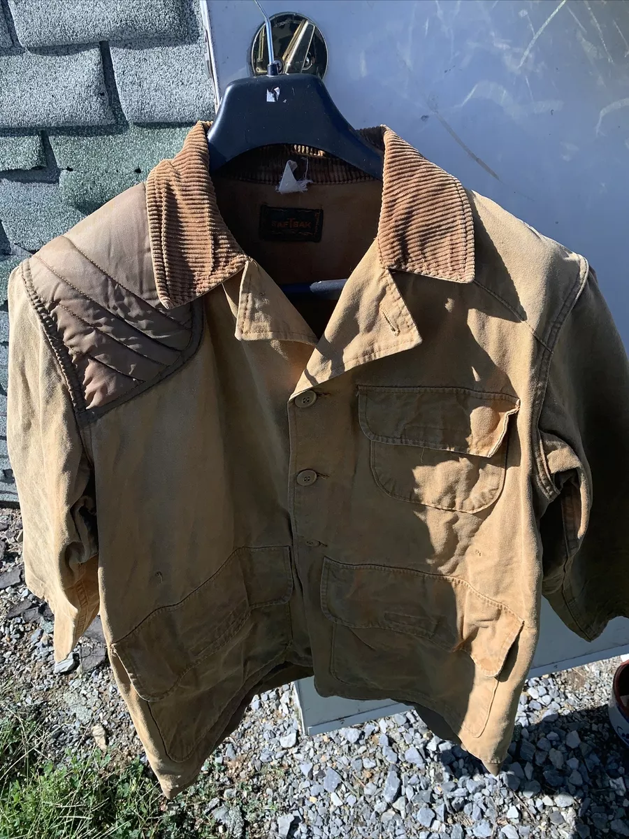Vintage SafTbak Canvas Hunting Jacket Mens L With Shoulder Pad Brown Game Pouch