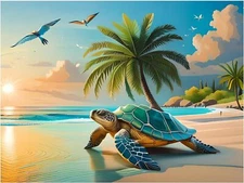 Tile Mural Turtle Beach Palm Tree Sea Seagulls Kitchen Bathroom Wall Backsplash