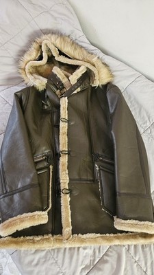 Men's Brown Leather Hooded Parka Coat Shearling Lined Fur Trim Buckle L