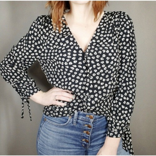 NWOT Madewell Black Long-Sleeve Blouse with Floral Print and Sleeve Ties - XS