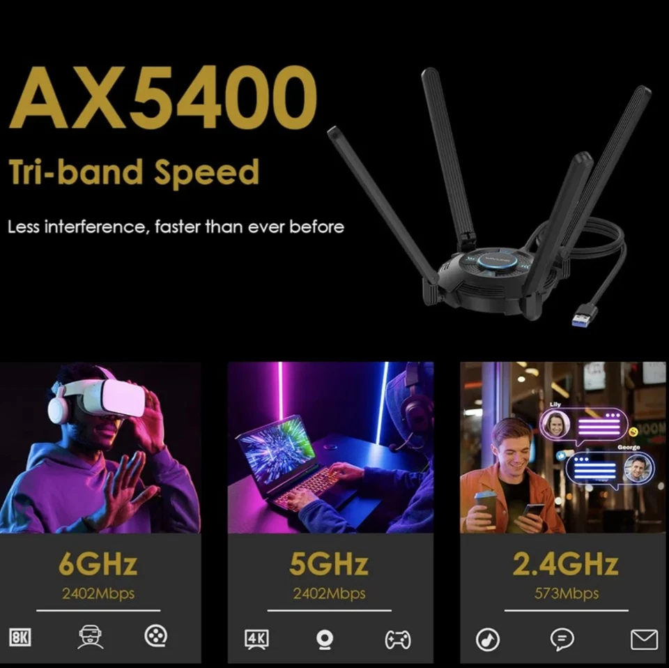 WAVLINK WiFi6E Tri-band AX5400 USB3.0 WiFi Adapter 4 High Gain 5dBi Antennas - Image 2 of 4