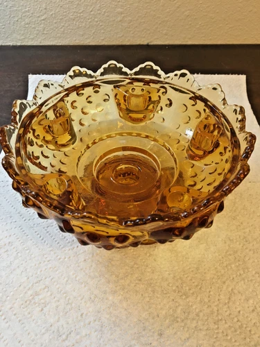 Fenton Art Glass Colonial Amber VTG Hobnail 5 Candle Bowl Scalloped Edge