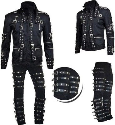 King of Pop Bad Style Black Faux Leather Buckle Jacket Pants Costume Set