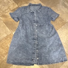 Women's Blue Denim Short Sleeve Button-Down Collared Shirt Dress Knee Length S