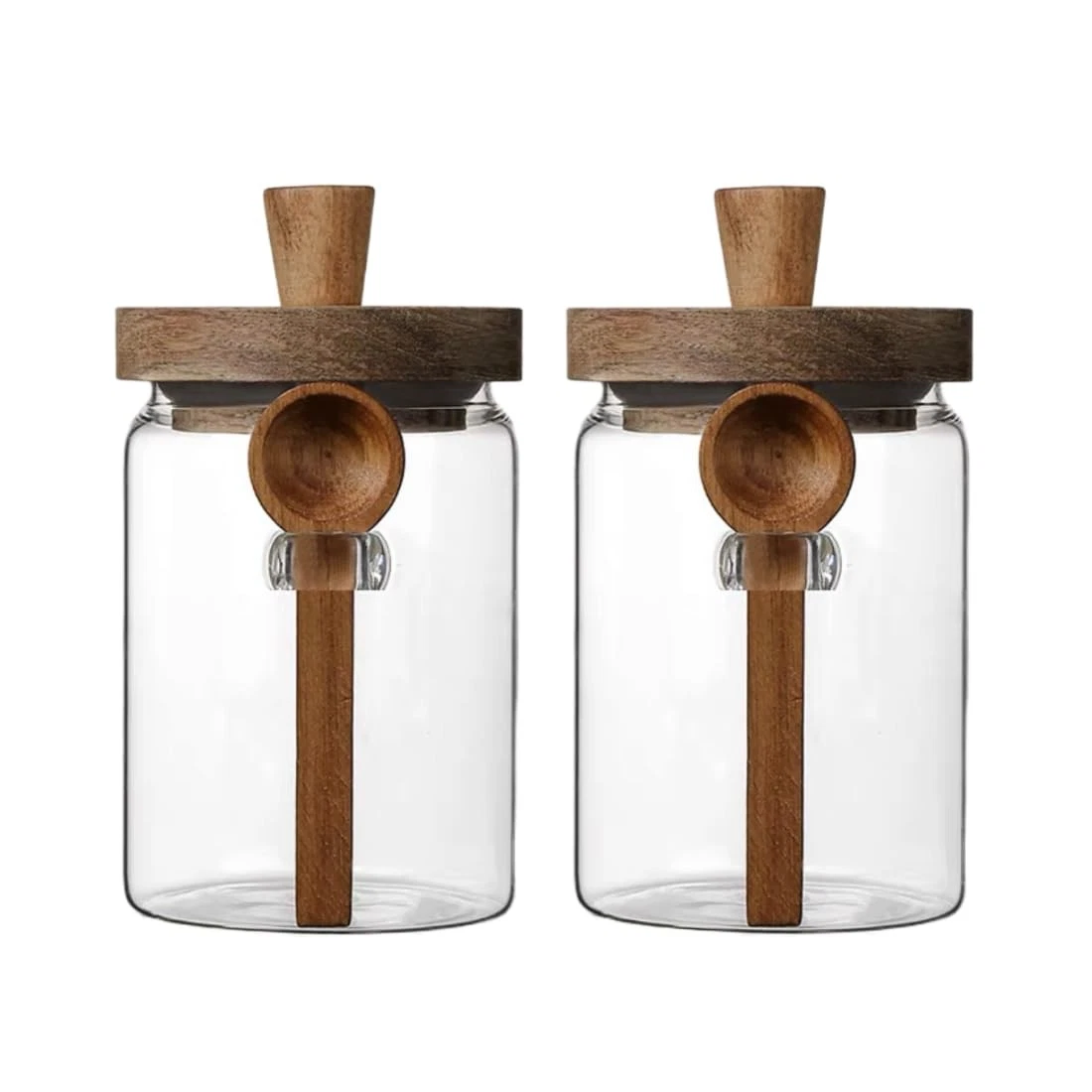 Set of 2 Glass Food Storage Jars with Wood Lid and Spoon, 27oz Glass Kitchen ...
