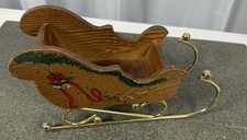 Vtg Hand Painted Wood and Brass Christmas Sleigh With Bells And Bows