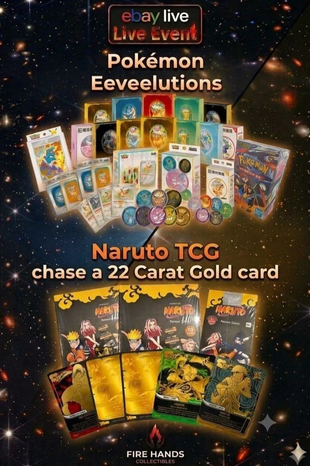 Pokemon Eeveeultions, Naruto TCG 22 Carat Gold, 30th Anniversary, Gem Vol 3