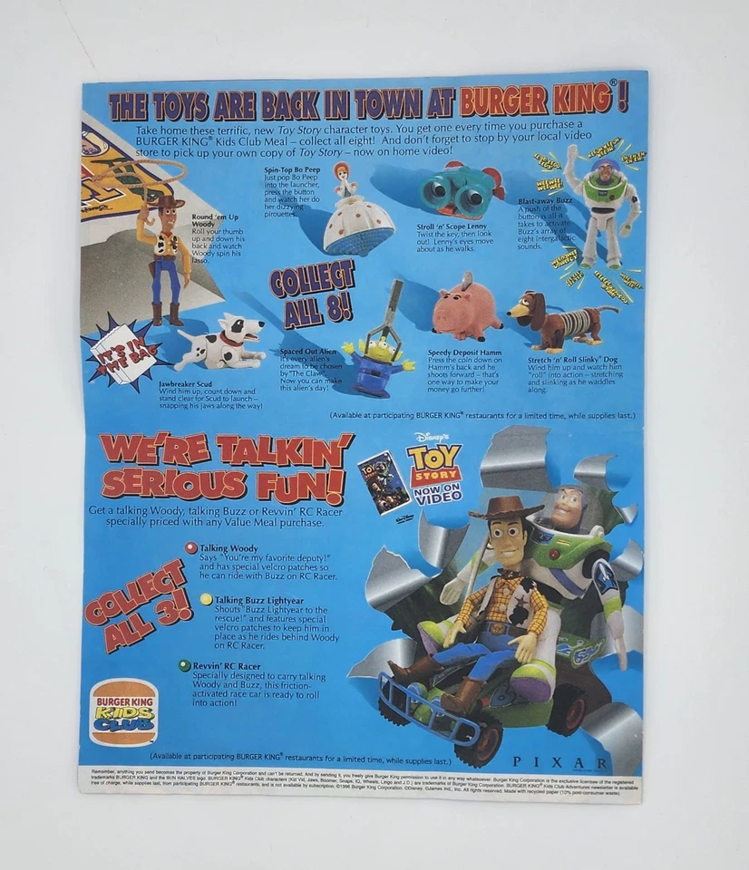 Toy Story/Burger Kin Completo 8 + 3 Juego de Juguetes Grandes Nuevo en Paquete Hamburguesa - 1996 - RARO Foto 2 de 2