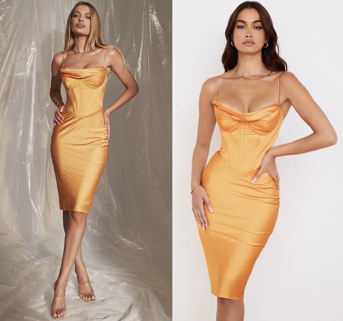 House of CB Myrna Tangerine Satin Corset Midi Dress Size XS | eBay