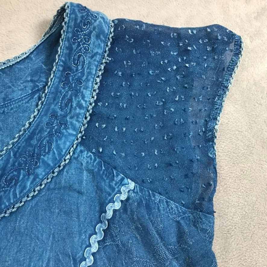 Vintage Whimsigoth Dress M Indigo Blue Fairy Button Front Cottage Lace Tie Back - Image 3 of 4