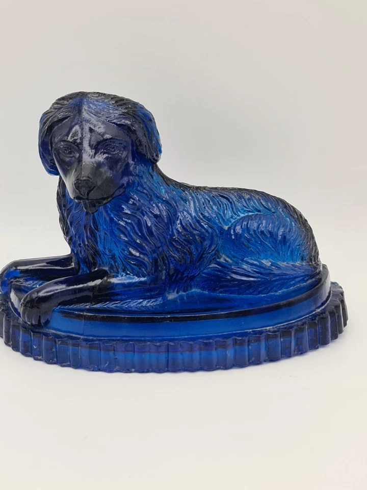 VICTORIAN COBALT BLUE PRESSED GLASS NEWFOUNDLAND DOG JOHN DERBYSHIRE 19thC RARE - Image 2 of 4