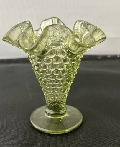 Vintage Colonial Green Fenton Pressed Glass Vase Hobnail Crimped 3.75" Small