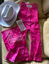 Pink/White Cowgirl Western Halloween Costume Set Vest Flared Pants Hat S Stretch