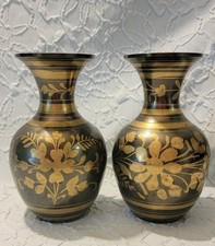 Vintage Brass Floral Etched Vases Handmade in India 7” Tall Beautiful Art