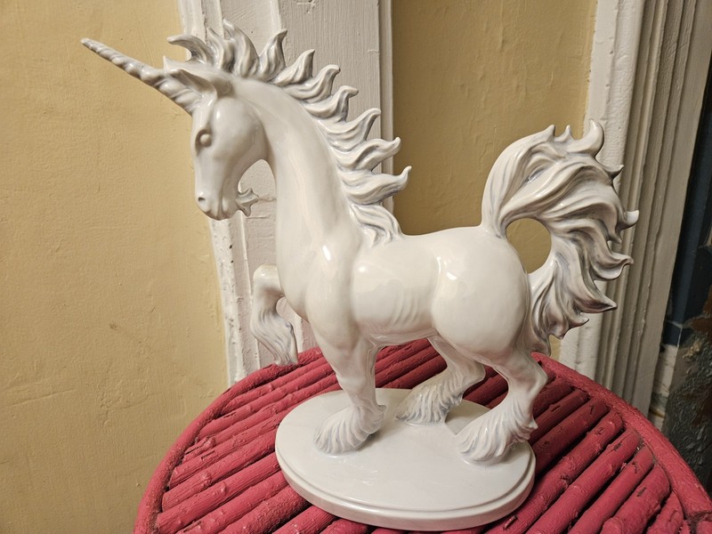 Vintage Ceramic Glazed Pottery Light Blue 12" Unicorn Statuette Figure on Base