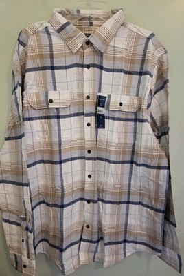 George Men's XL TALL Long Sleeve Flannel Shirt Winter White Plaid Beige Navy