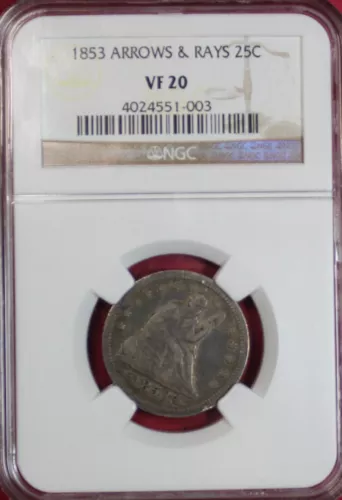 1853-P ARROWS & RAYS SEATED LIBERTY QUARTER  NGC VF20