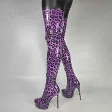 Women Thigh High Boots Shiny Side Zip Round Toe Stiletto High Heels Boots Over K