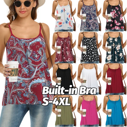 Women Summer Camisole with Built-in Bra Flowy Tank Tops Padded Shelf Bra Cami - Picture 1 of 55
