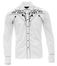 Men's Cowboy Shirt Camisa Vaquera El General Western Wear White/Black Bull