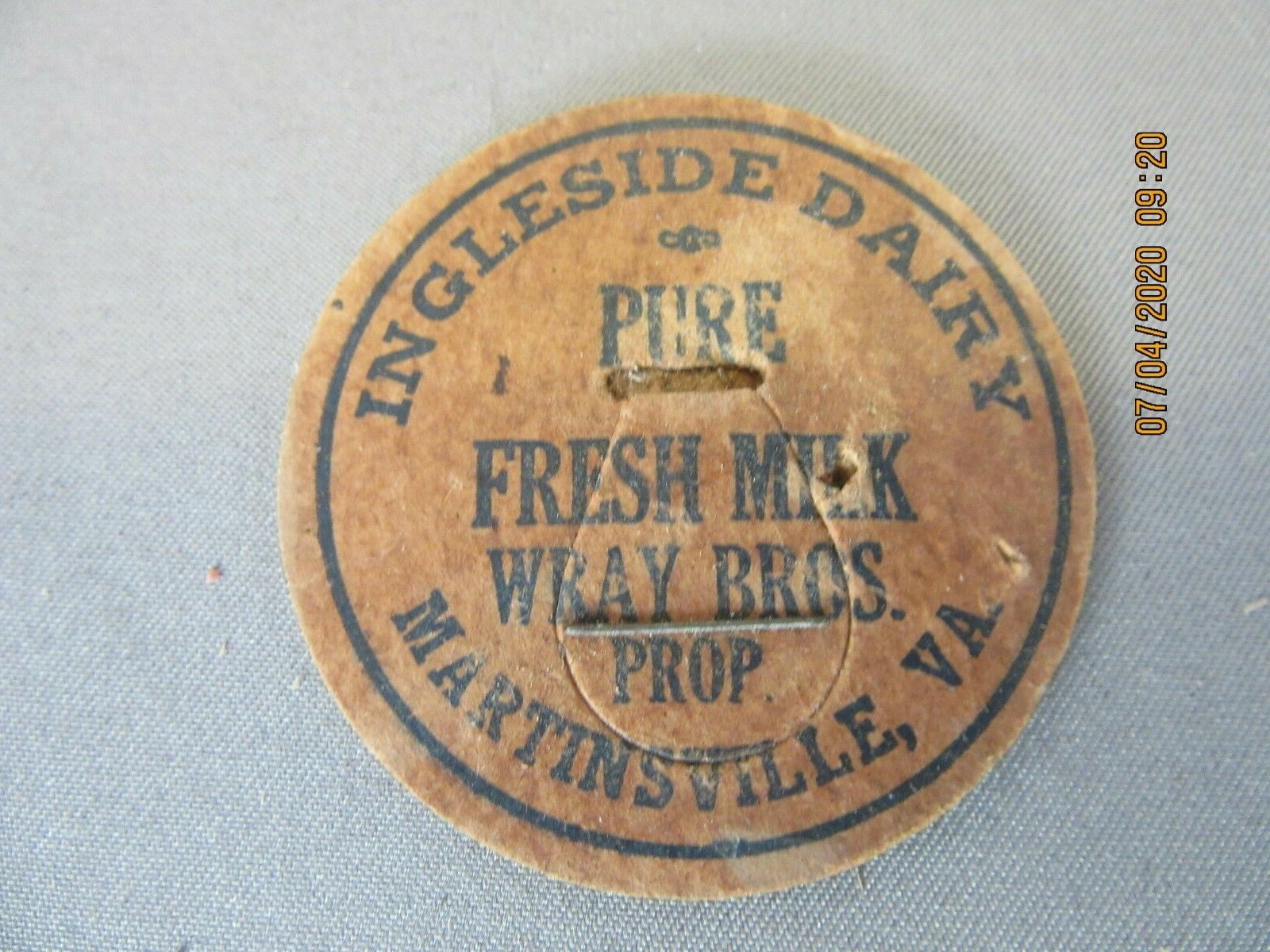 2 Ingleside Dairy Wray Bros. Martinsville VA Milk Dairy Bottle Caps