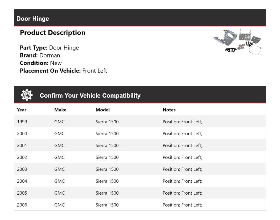 For 1999-2006 GMC Sierra 1500 Dorman Door Hinge Front Left 2000 2001 2002 2003 - Image 2 of 4