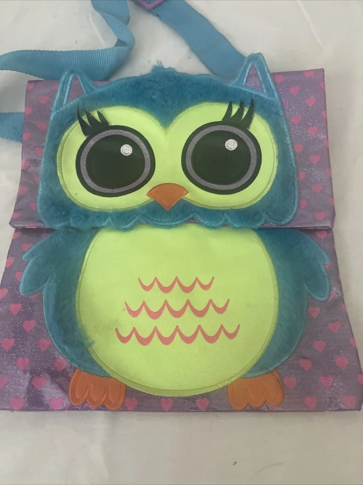 Justice Cross Body Messenger Bag - Purple w/ Blue Fur Owl & Pink Hearts - Rare - Image 2 of 4
