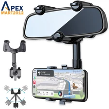 Car Phone Holder Rotatable Retractable Rearview Mirror Mount For iPhone Samsung