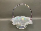 Beautiful Fenton  Opalescent Clear Plum/Lilac Crest Ruffled edge Basket Large