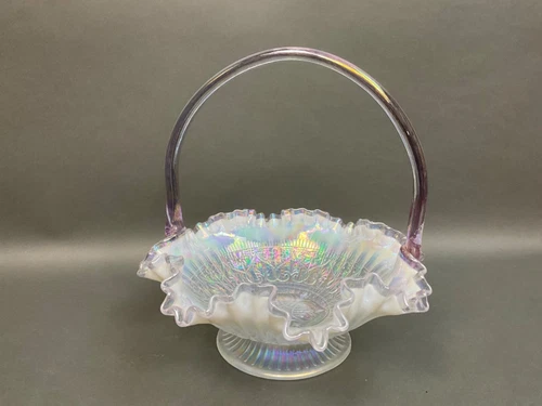 Beautiful Fenton  Opalescent Clear Plum/Lilac Crest Ruffled edge Basket Large