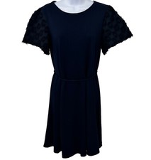 Loft Dress Womens Size S Dark Blue Contrast Textured Dot Sleeve Tied Waist
