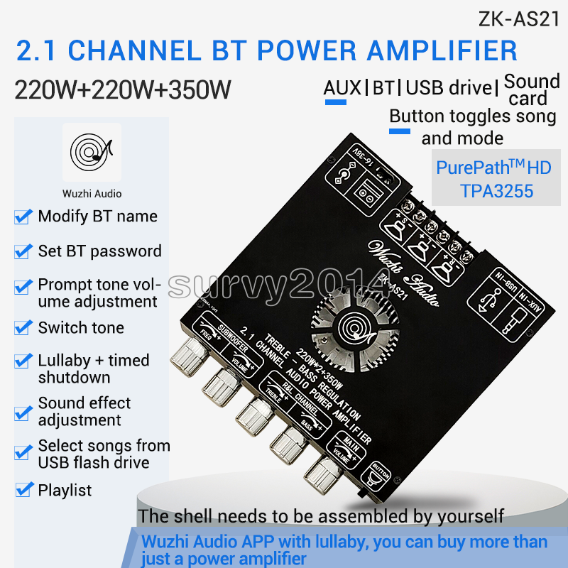 ZK-AS21 2.1CH TPA3255 Bluetooth Digital Audio Power Amplifier