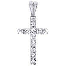 14K White Gold Real Diamond Mini 1 Row Prong Set Cross Pendant 1" Charm 0.57 CT.
