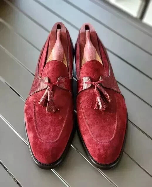 Handmade Red Suede and Leather Dress Moccasins, Tassel Dress Shoes for Men  Party