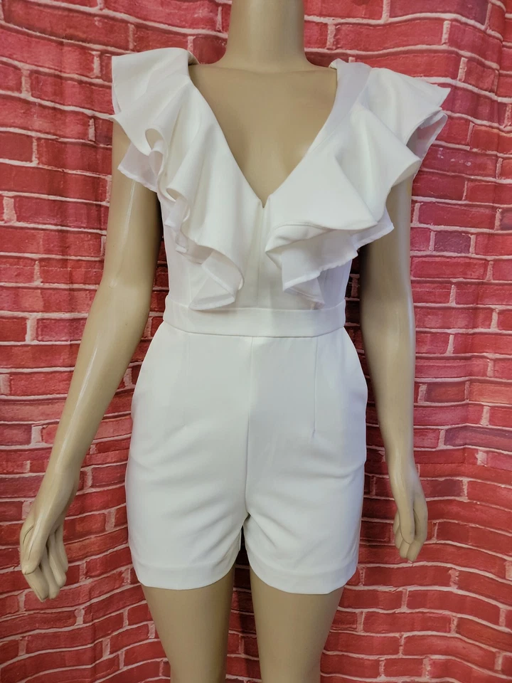 Bardot Deep V-neck Ruffled Size USA 6/S WOMEN'S ROMPER Off white #C2 - Image 3 of 4