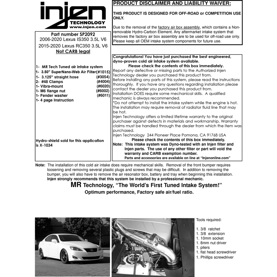 Injen SP2092P Aluminum Short Ram Cold Air Intake for 2006-20 Lexus IS350 V6 3.5L - Image 4 of 4