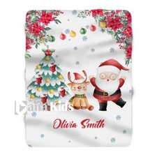 Personalized Baby Christmas Blanket, Baby Santa Reindeer Custom Name Blanket