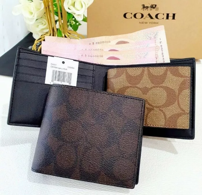 Coach Men 3 In 1 Wallet In Blocked Signature Canvas Mahogany Multi